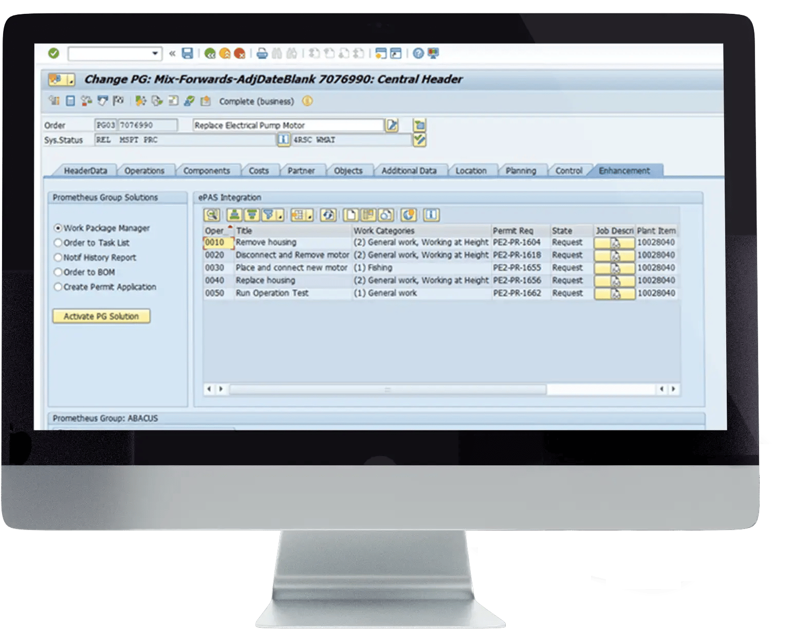 Changing the status of a work order in ePAS