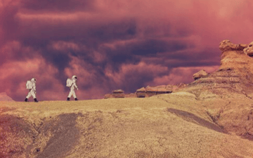 Astronaut walking on foreign planet 